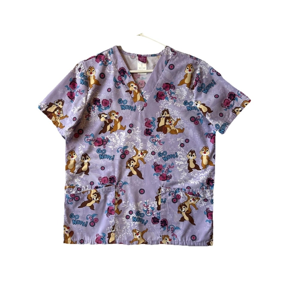Disney Chip 'n Dale Go Nuts Medical Scrub Short Sleeve V Neck Pocket Top S
